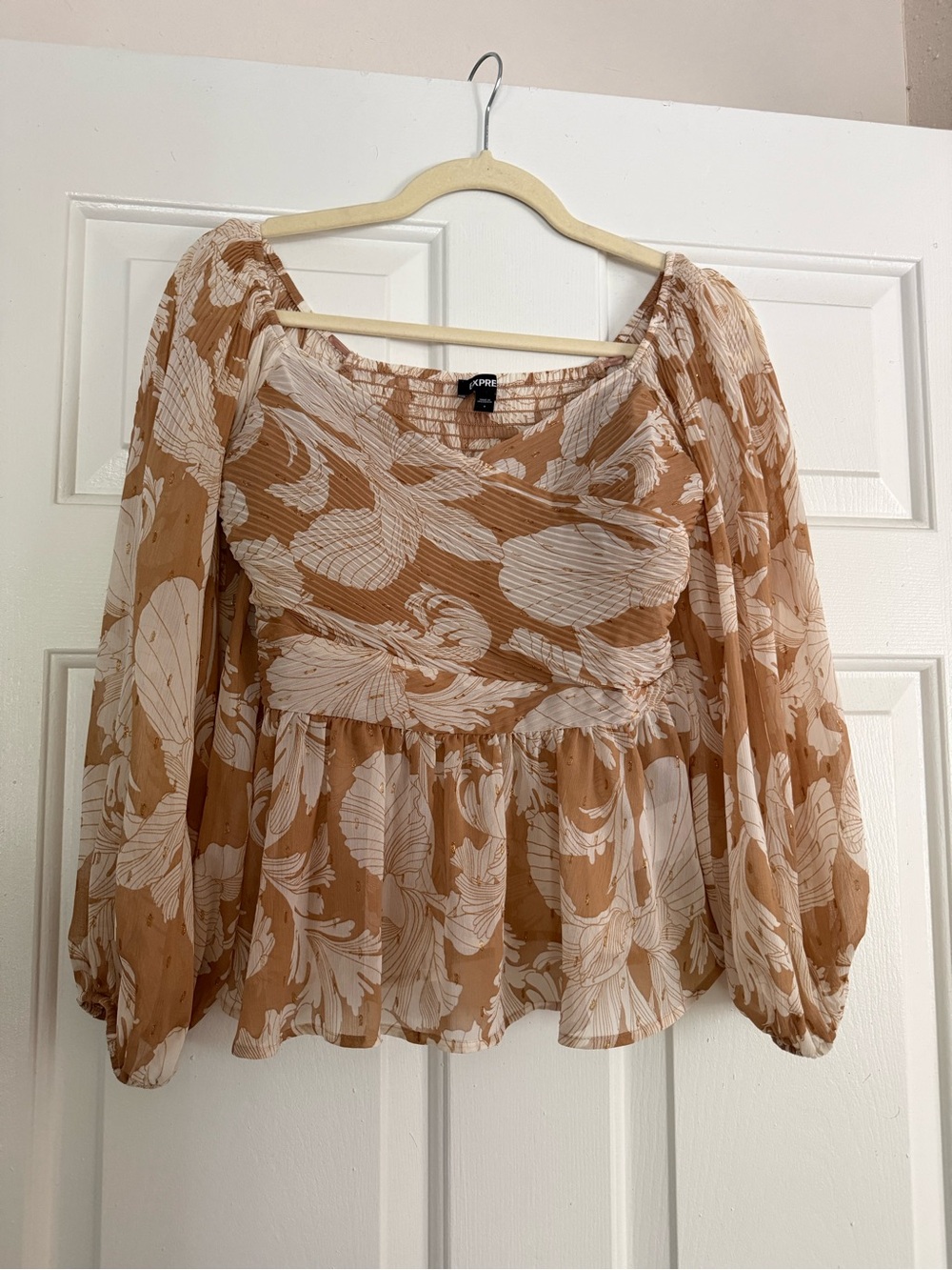 Express Cream and Tan Floral Smocked Peplum Blouse